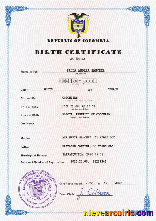 Colombia birth certificate